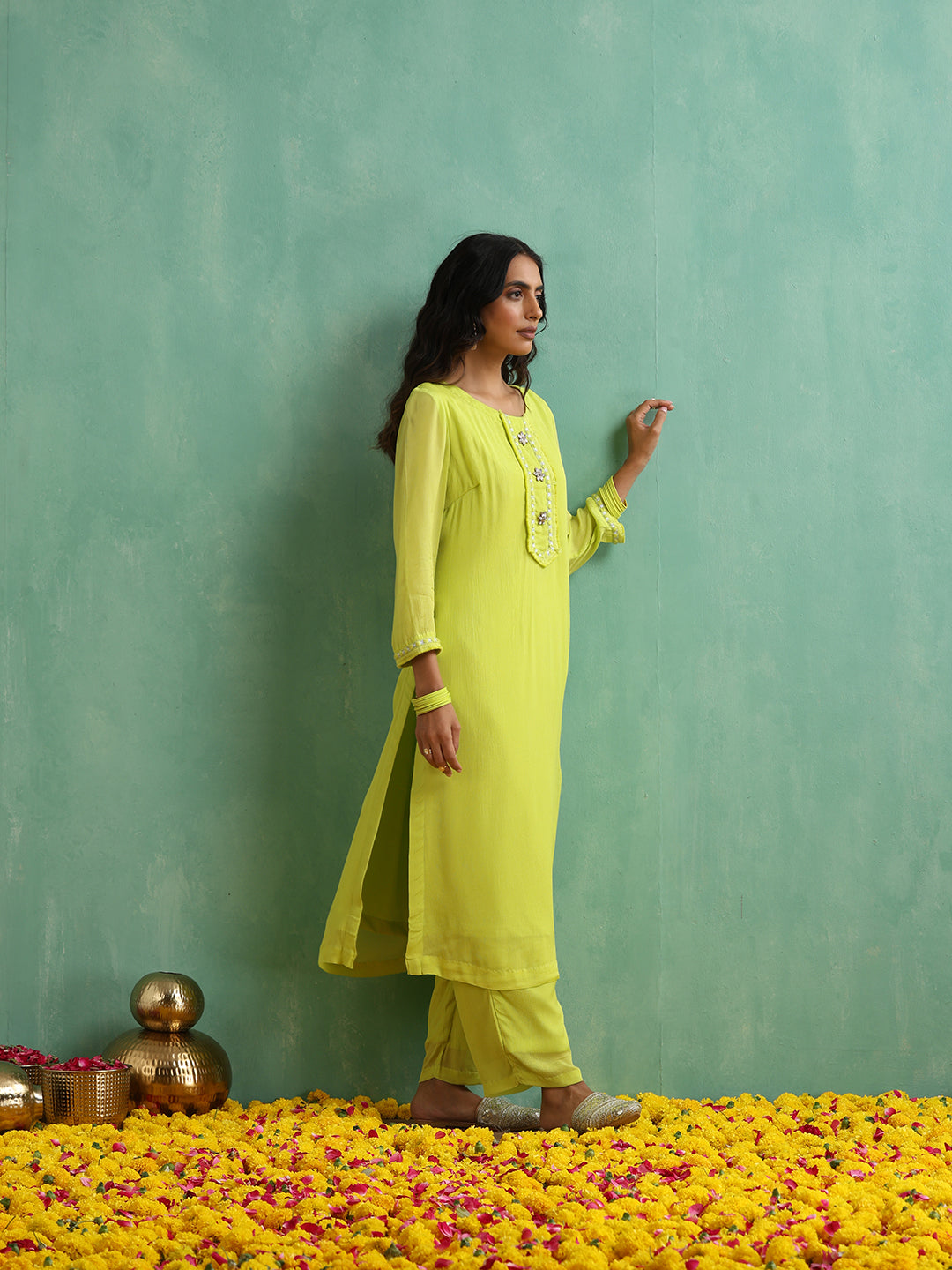 Florocent Green Lace work Antique Kurta Set