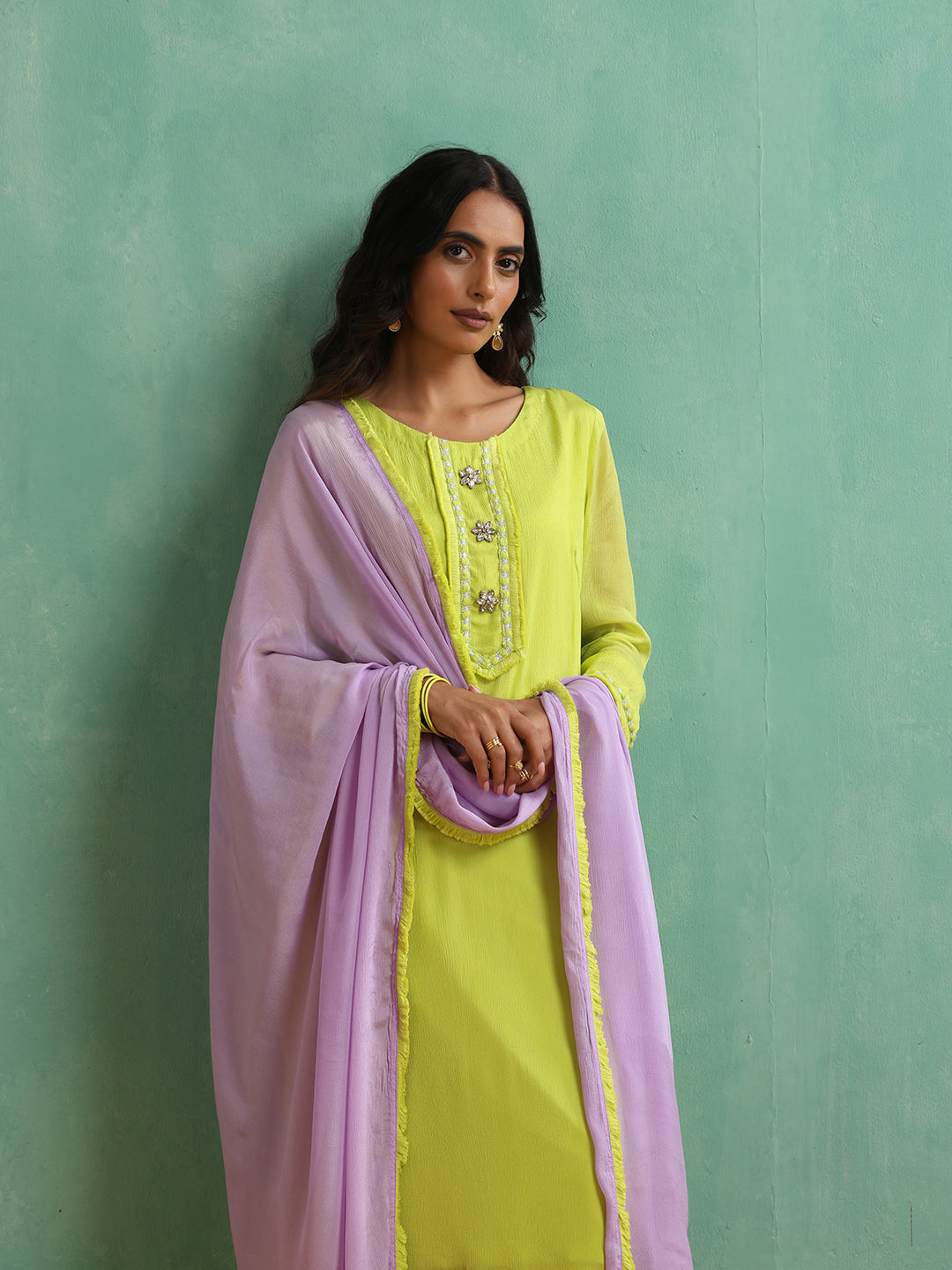 Florocent Green Lace work Antique Kurta Set