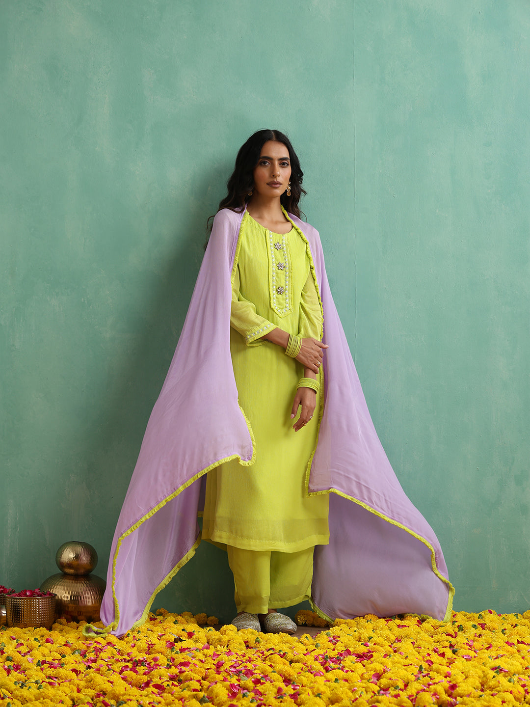 Florocent Green Lace work Antique Kurta Set