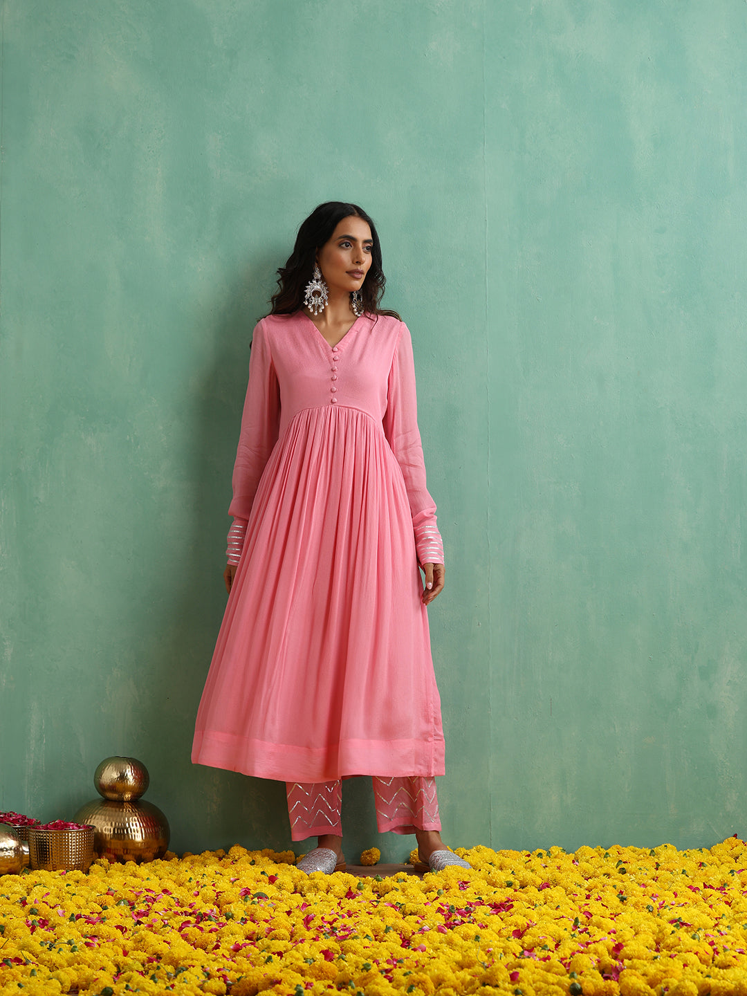 Pink Gotta Patti work Anarkali Kurta Set