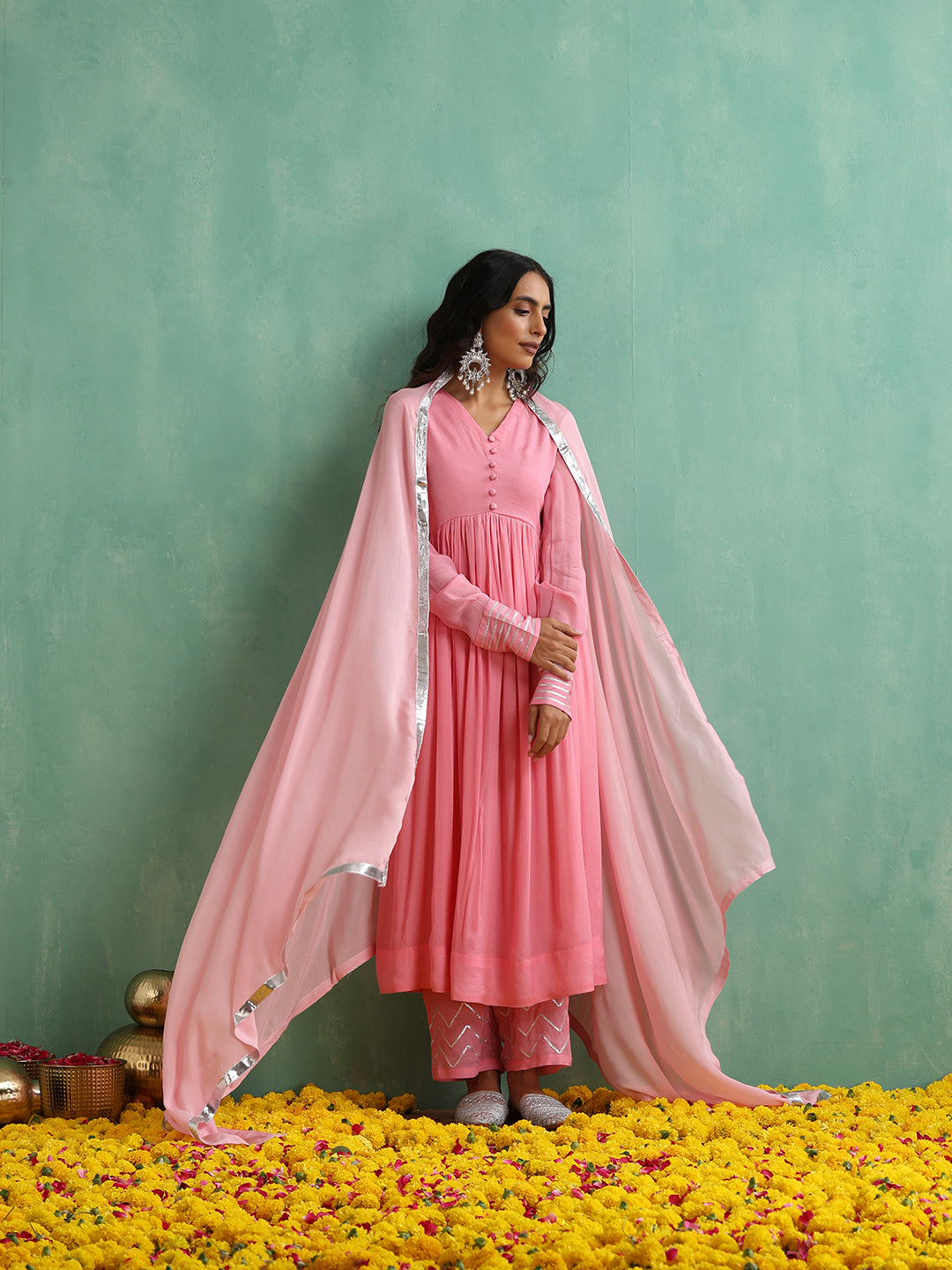 Pink Gotta Patti work Anarkali Kurta Set