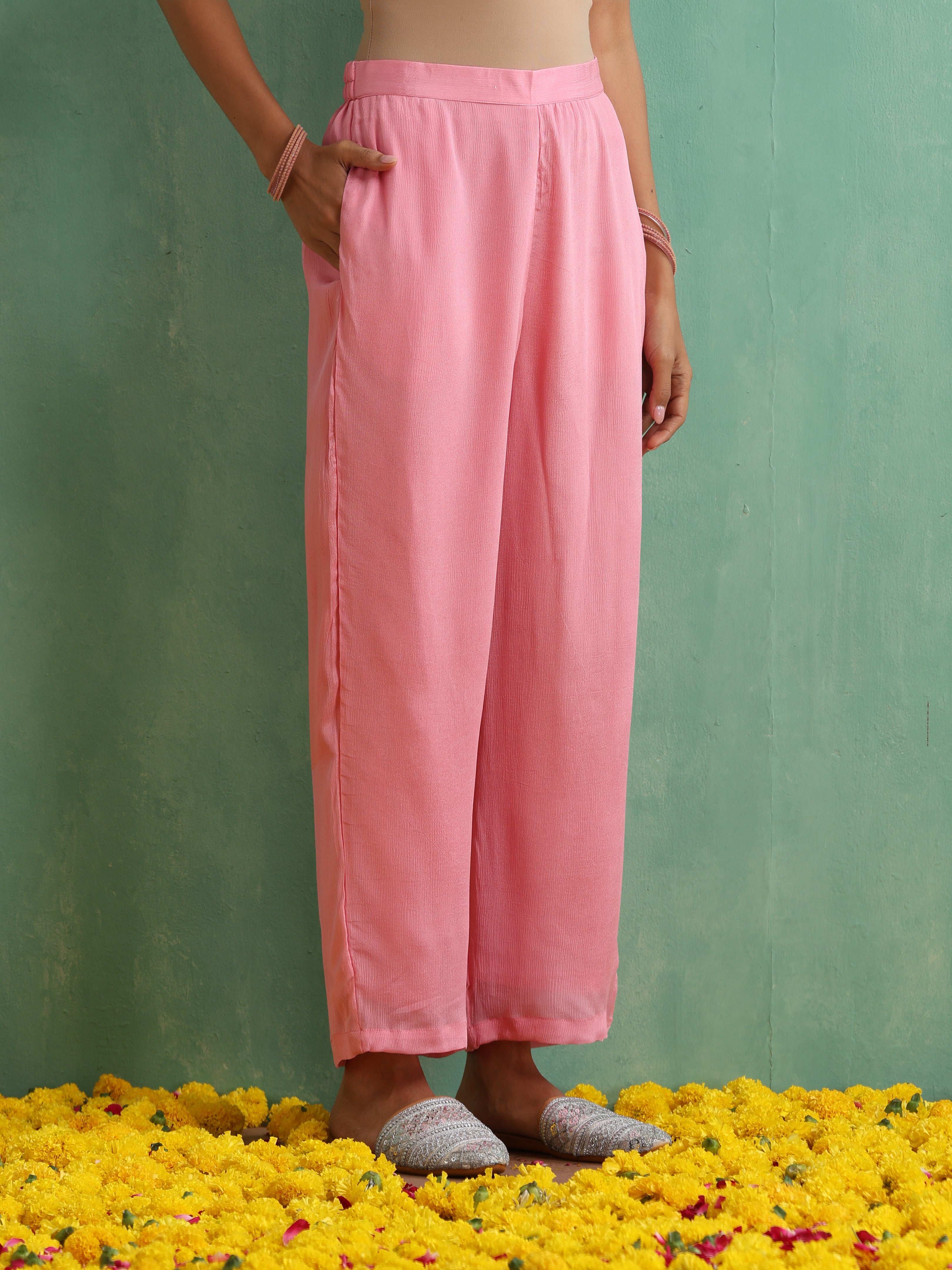 Pink Yoke Thread work Chiffon Co-ord Set