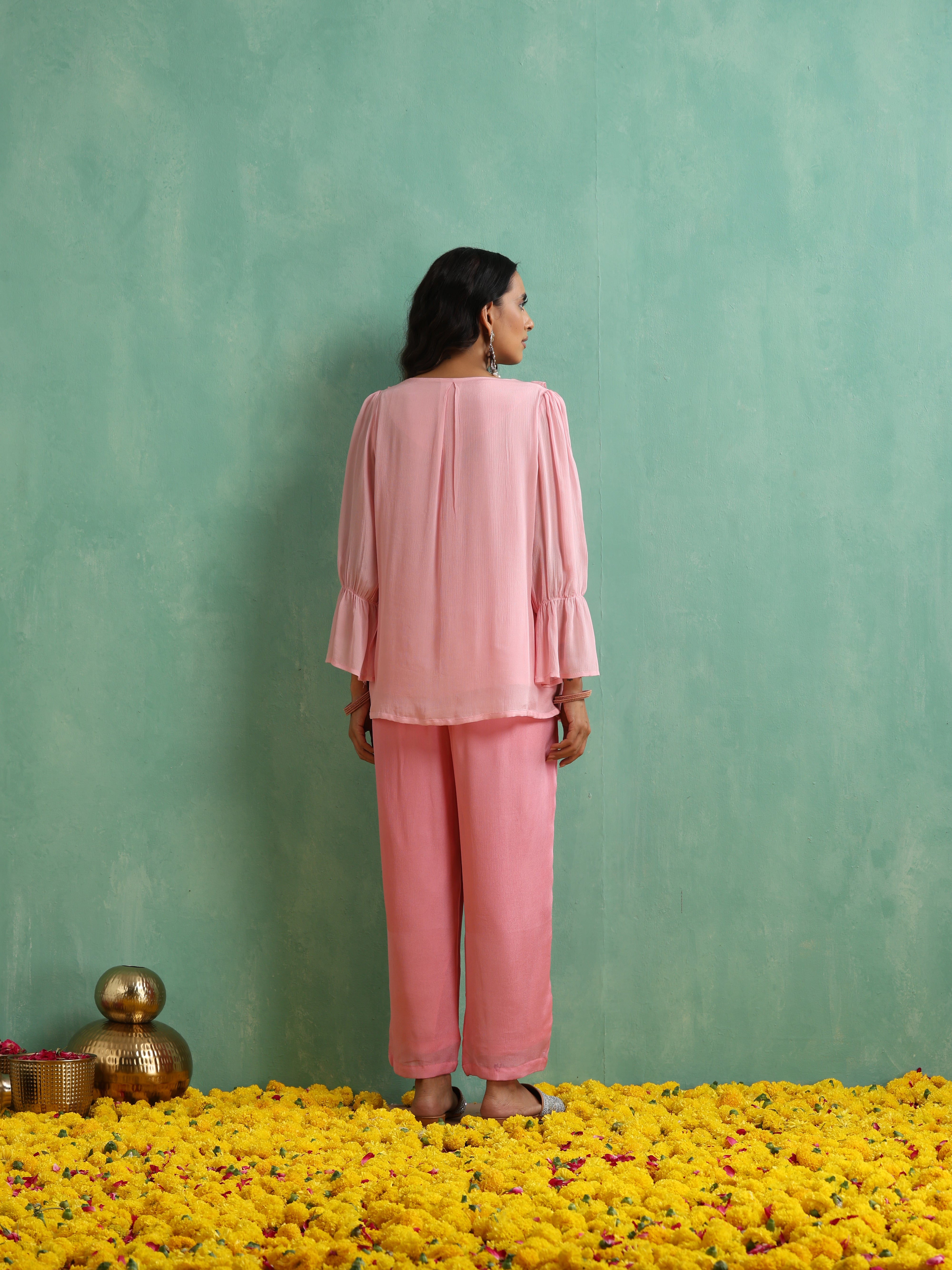 Pink Yoke Thread work Chiffon Co-ord Set