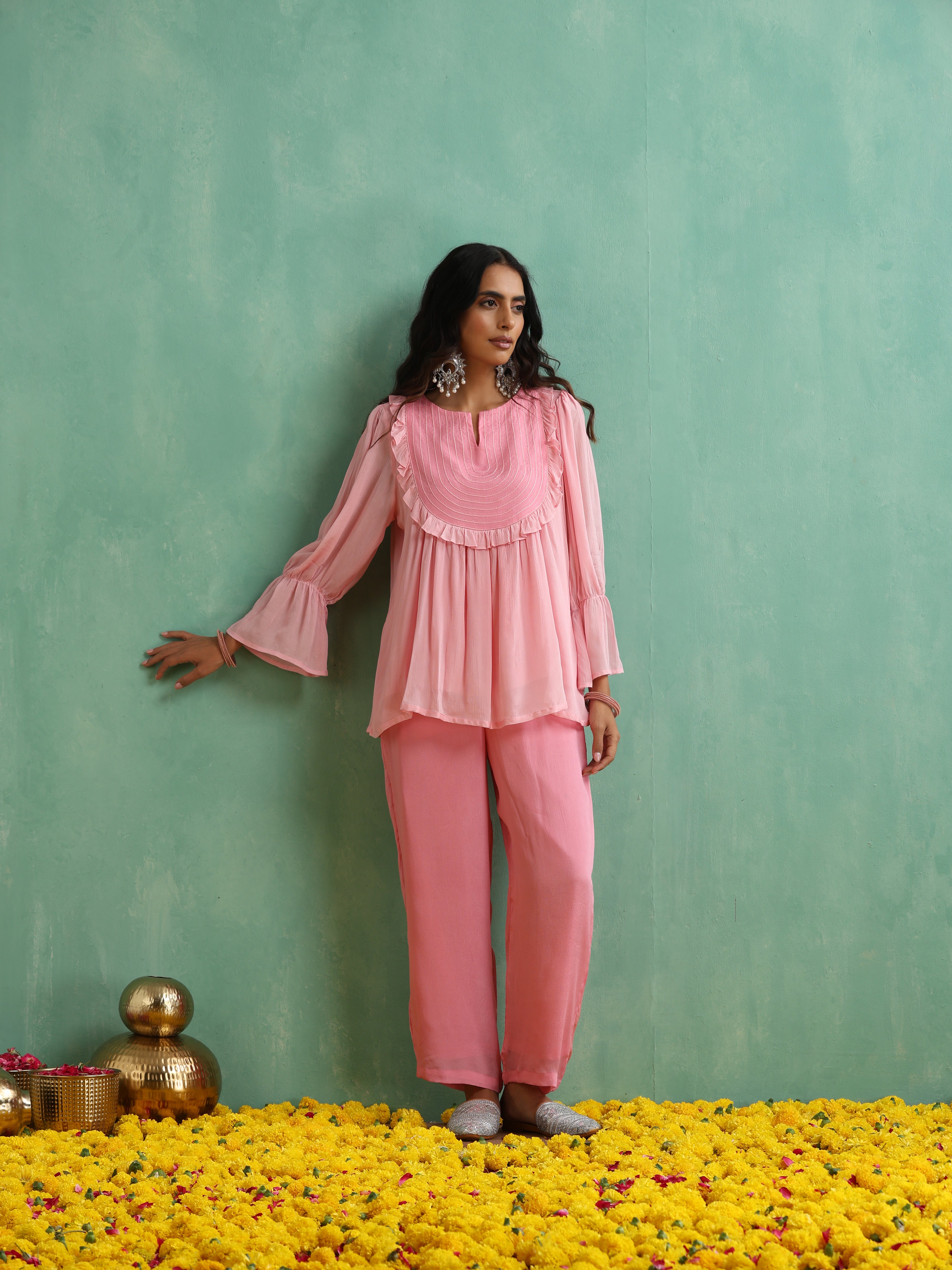 Pink Yoke Thread work Chiffon Co-ord Set