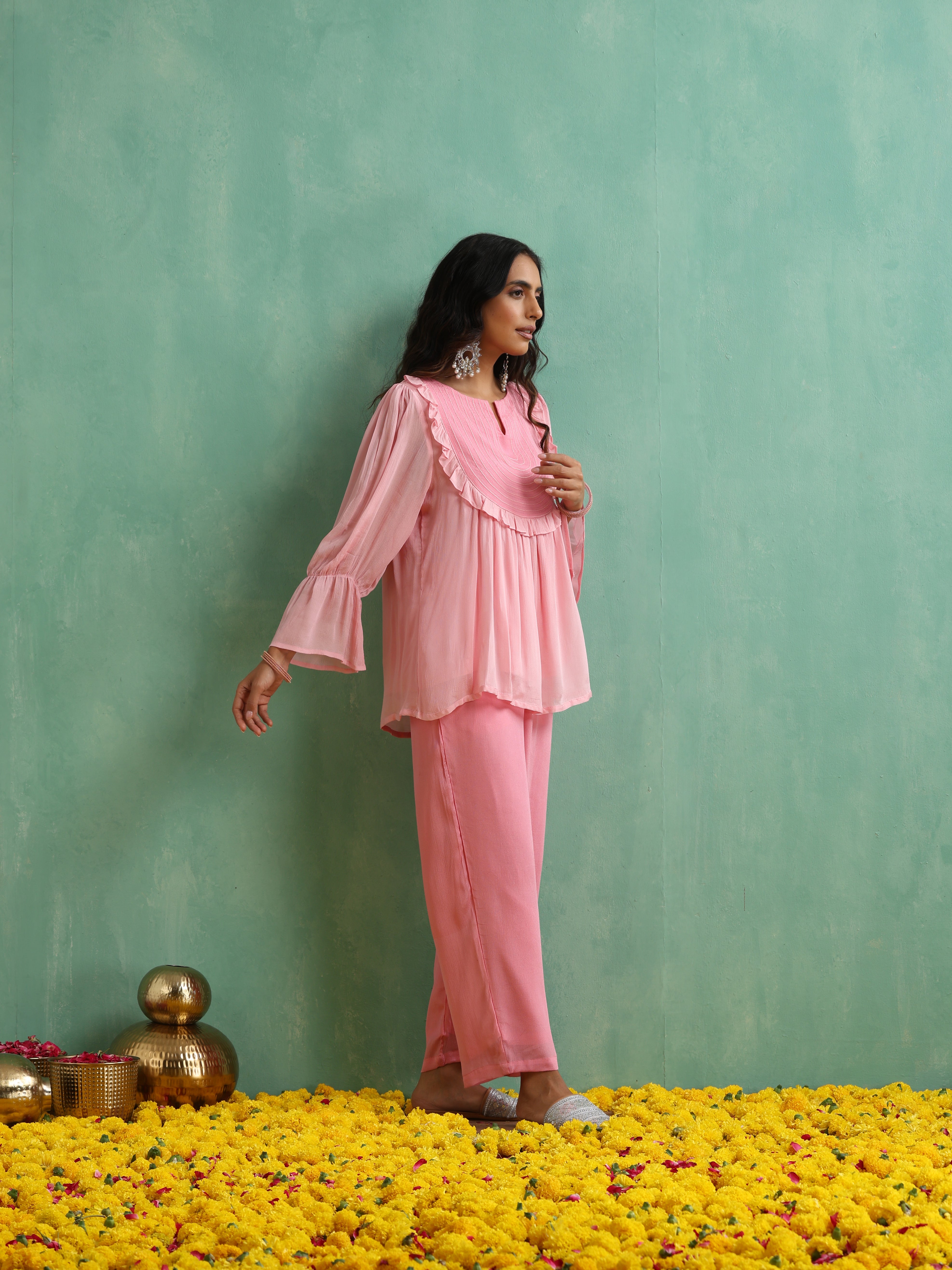 Pink Yoke Thread work Chiffon Co-ord Set