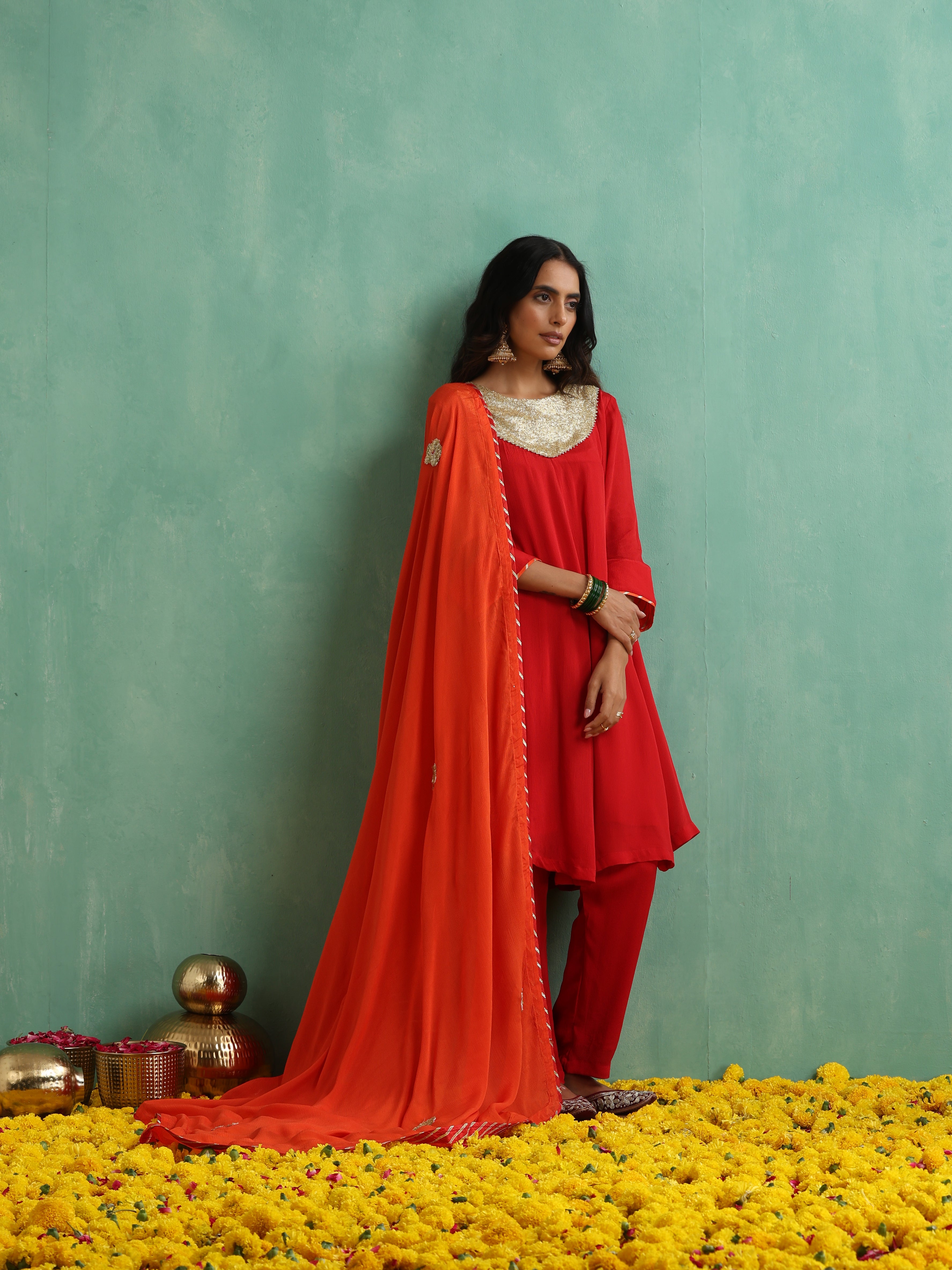 Red Sequence Work Kurta Set