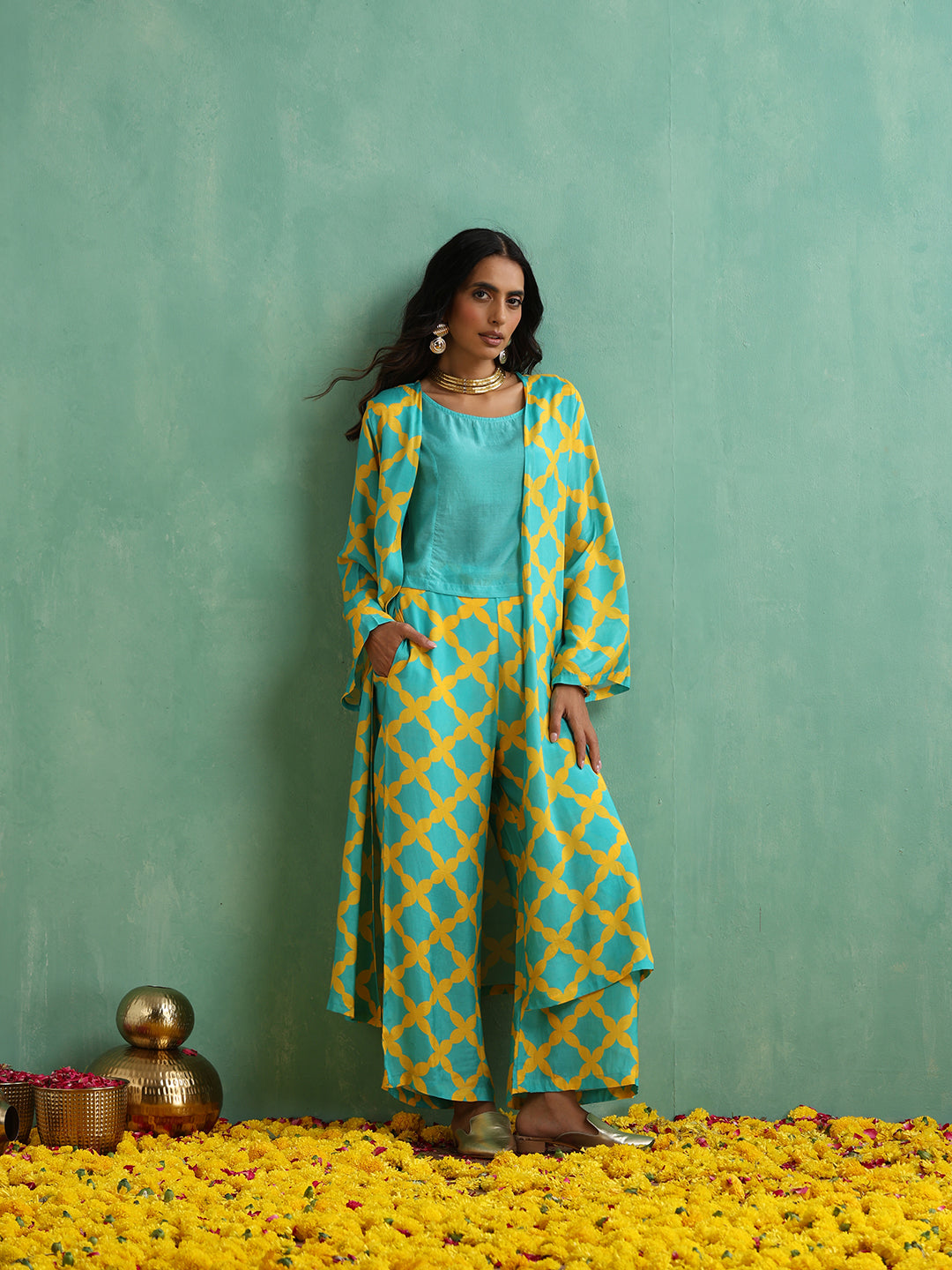 Muslin Turquoise-Yellow Printed Shrug Co-Ord Set - 3Pc Set