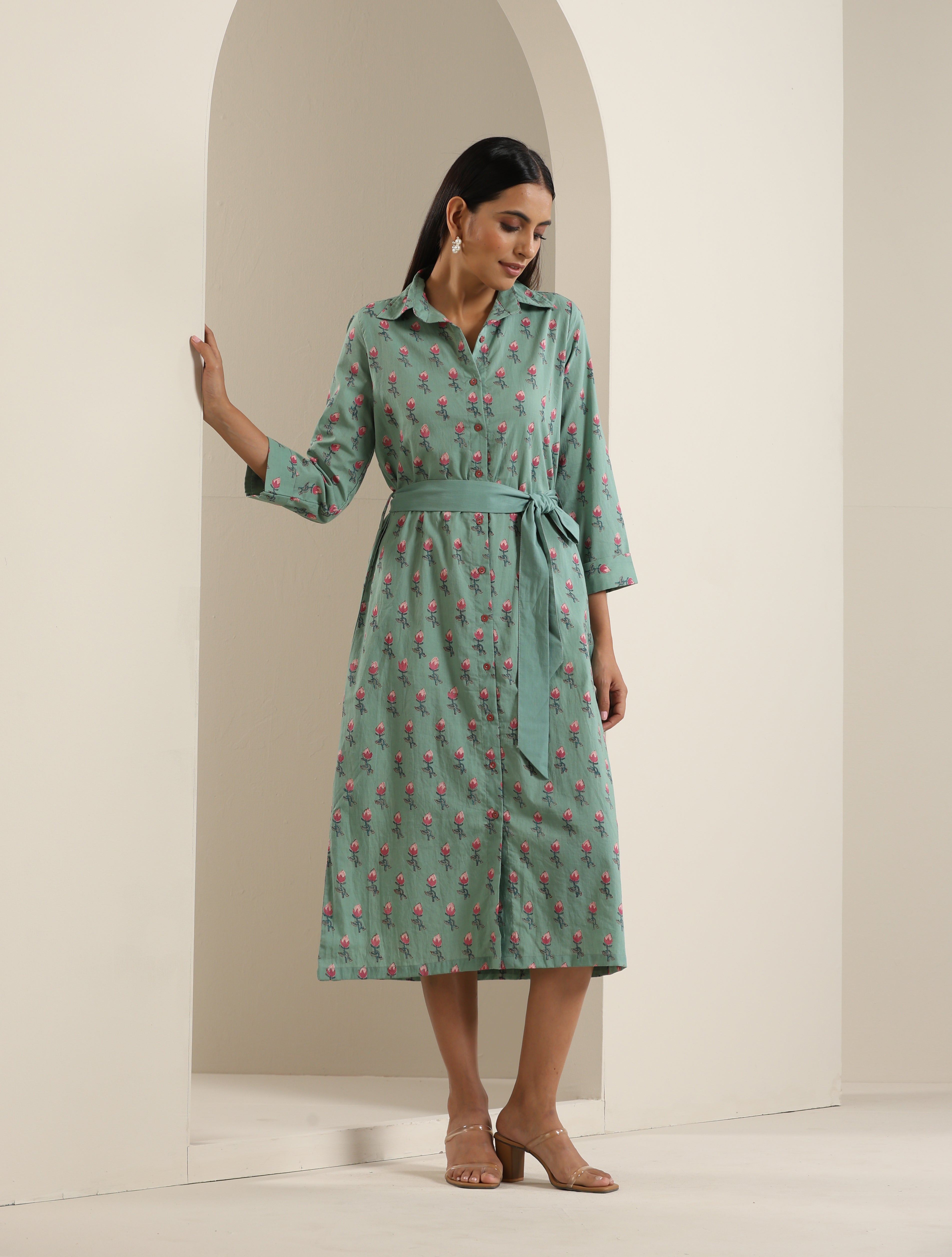 Olive Green Hand Block Floral Print Cotton Collar A-Line Dress