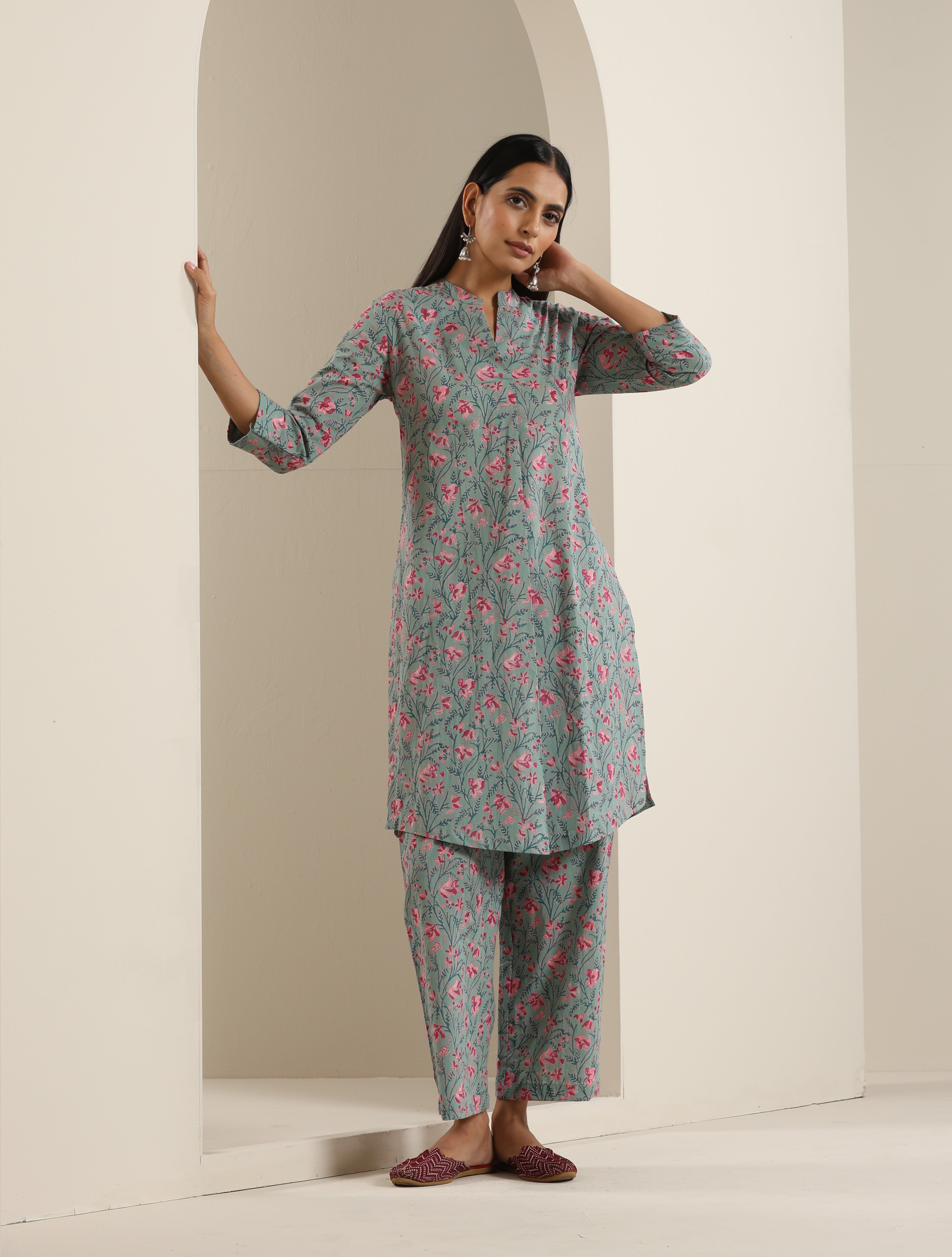 Olive Green Hand Block Floral Print Cotton Kurta Co-ord Set