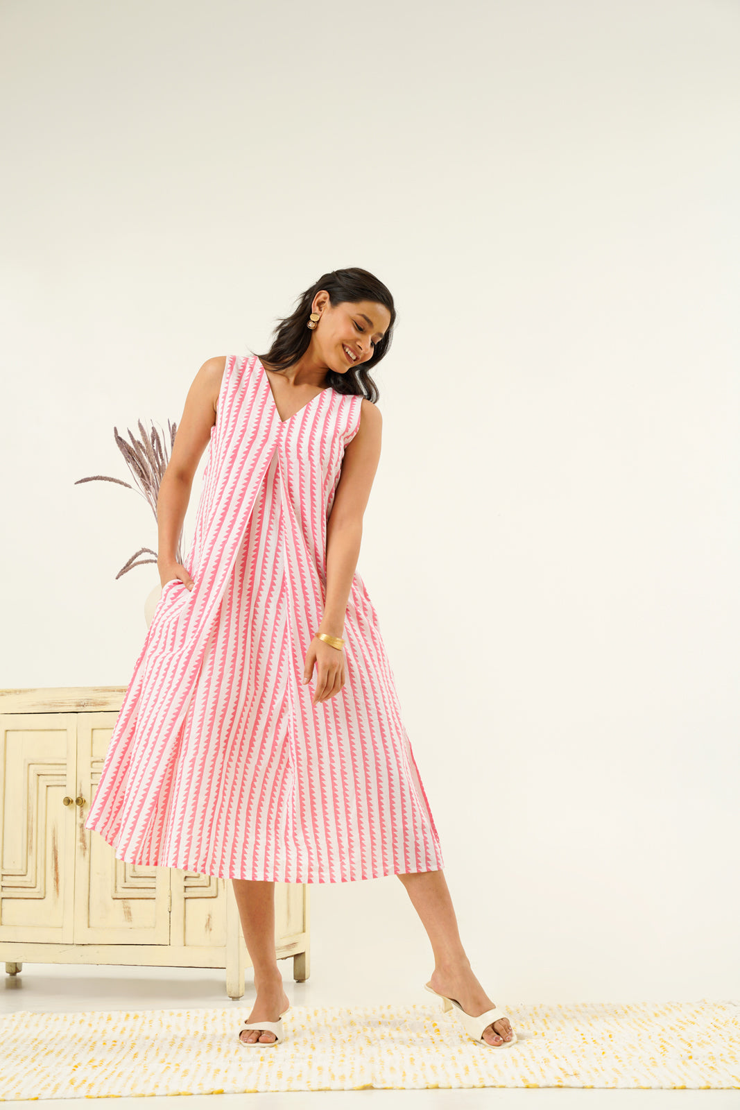 Siya Cotton Pink Block Print A- Line Midi Dress