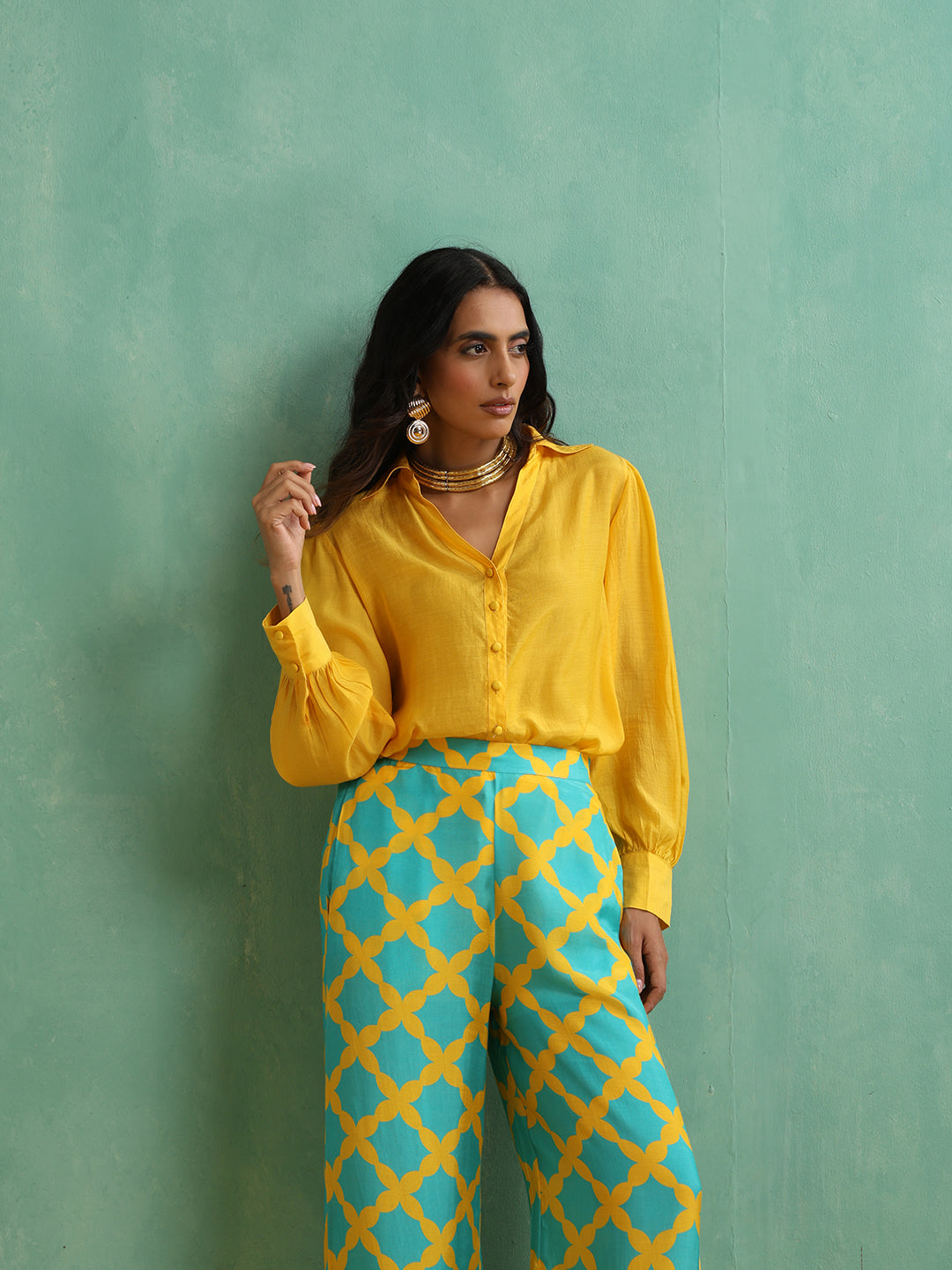 Yellow-Turquoise Muslin Printed Shirt Co-ord sets