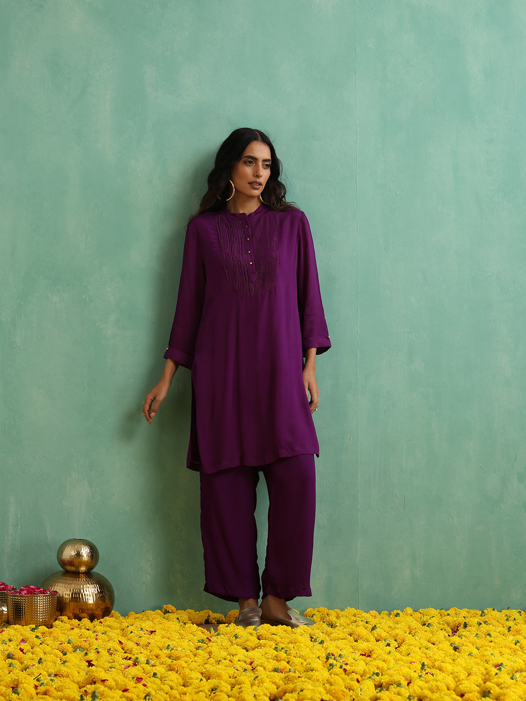 luxury violet band collar zari embroidered Kurta set