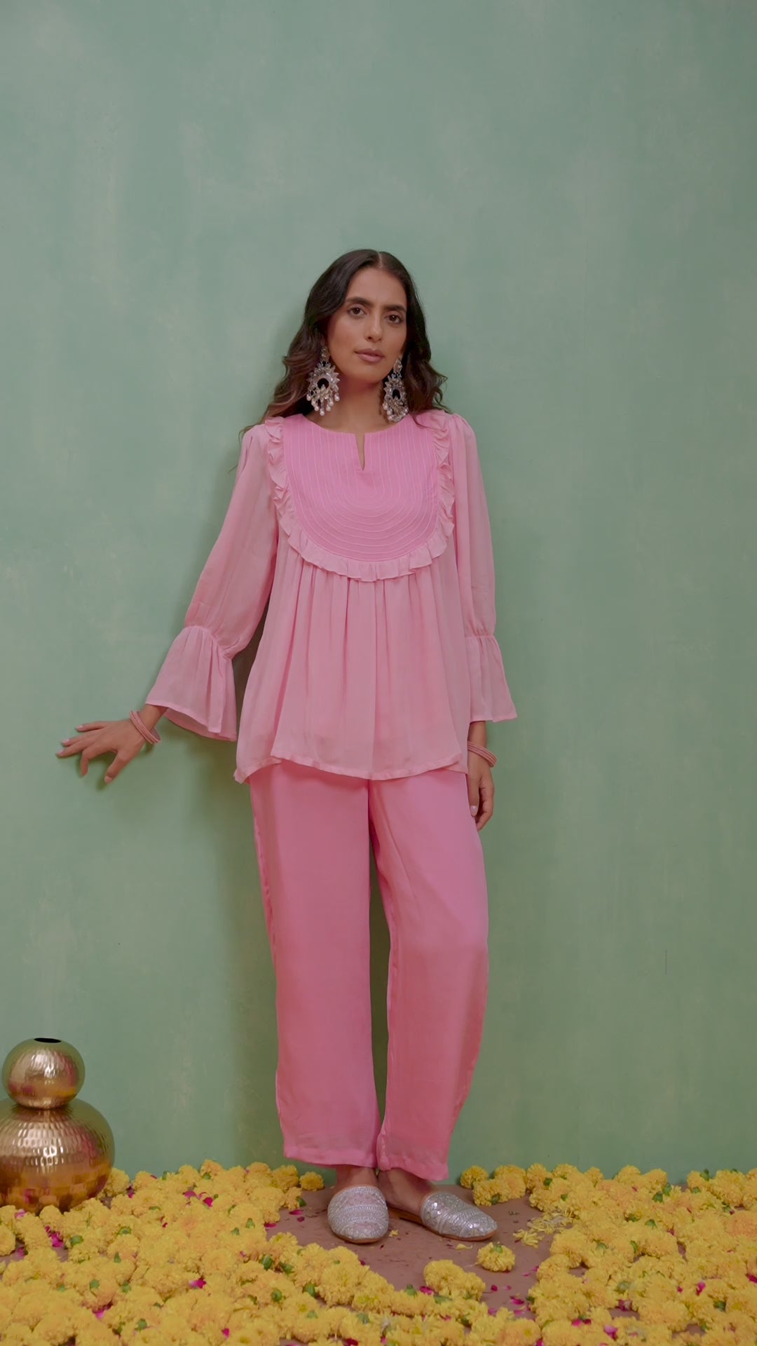 Pink Yoke Thread work Chiffon Co-ord Set